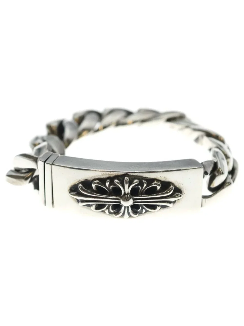 Chrome Hearts ID Floral Crs Cross ID Classic Link Bracelet Silver